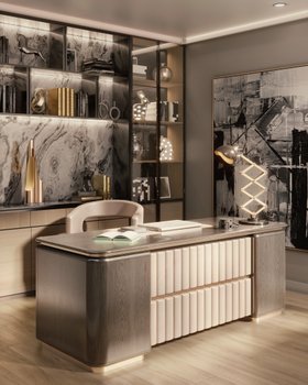 Office | neutral home office decor in retro style with Arne desk, Ellen curvy office chair, Billy table lamp, Coltrane table lamp, bookcase for storage, wall art, and wood flooring