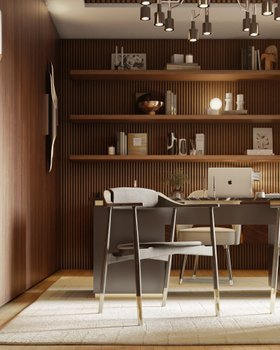 Office | brown paint home office in mid century modern style with Perry retro office chair, Lasdun desk, Coltrane wall lamp, shelves for storage, wood wall panel, and cosy rug