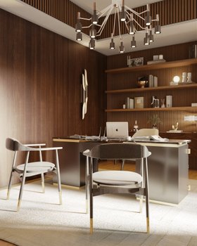 Office | brown paint home office in neutral modern style with Perry retro office chair, Lasdun desk, Coltrane wall lamp, Ella dark suspension lamp, shelves for storage, wood wall panel, and cosy rug