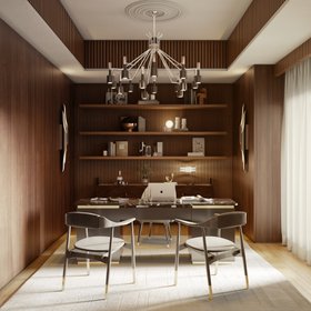 Office | brown paint home office in mid century modern style with Perry retro office chair, Lasdun desk, Coltrane wall lamp, Ella dark suspension lamp, shelves for storage, wood wall panel, and cosy rug