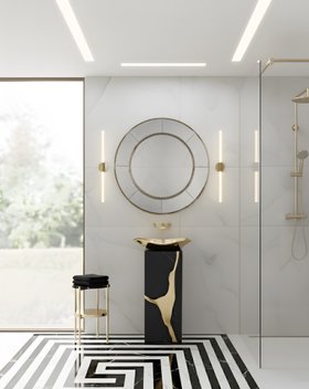 Bathroom | black and white paint bathroom in marble finishes with Lapiaz dark and gold pedestal sink, Lapiaz vessel sink, Crown round wall mirror, Craig retro side table, Waterfall wall lamp, towels, lavish floor pattern, and shower cabin