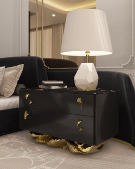 Bedroom Storage | luxury dark bedding area in gold details with Angra nightstand and Feel white table lamp