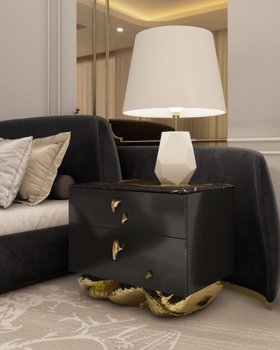 Bedroom Storage | luxury dark bedding area in gold details with Angra nightstand and Feel white table lamp