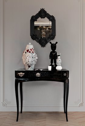 Hallway | luxury dark hallway in victorian style with Soho black console for storage, rococo wall mirror, and decorative accessories