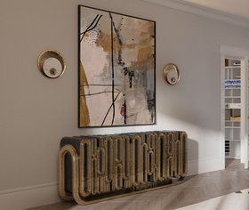 Entryway | luxury gold hallway with Oblong sideboard for storage, Metamorphosis wall lamp, wall art, and wood flooring