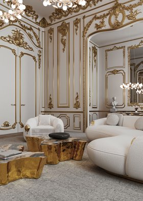 Living Room | gold paint reading corner in rococo style with Eden center table, Soleil cosy armchair, Soleil curved sofa, and cushion