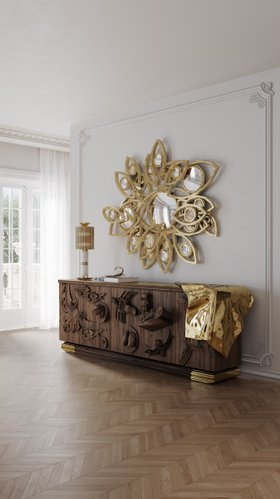 Entryway | luxury hallway with Voltaire brown sideboard in rococo style for storage, Neapoli exquisite gold wall mirror, Donna retro table lamp, and wood flooring