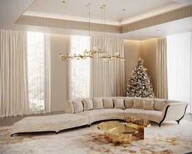 Christmas Season | cosy neutral living room with Heavenly curvy sofa, Myth gold coffee table, Hera suspension lamp, christmas tree, cushion, and curtain