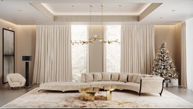 Christmas Season | cosy neutral living room with Heavenly curvy sofa, Myth gold coffee table, Hera suspension lamp, Audrey armchair, Reptilian floor lamp, christmas tree, cushion, and curtain