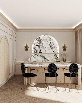 Kitchen | neutral kitchen island in marble finishes with Enchanted dark bar stool, Chloe sconce gold wall lamp, and wood flooring