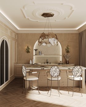 Kitchen | neutral kitchen island in marble finishes with Enchanted white bar stool, Hypnotic bronze and glass chandelier, Chloe sconce gold wall lamp, and wood flooring