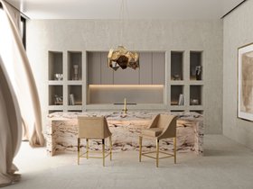 Kitchen | neutral kitchen island in marble and stone finishes with Geisha beige counter stool, Hypnotic gold bronze and glass chandelier, and multiple storage compartments