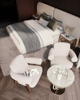 Bedroom | neutral bedding area in mid century modern style with Isadora cosy bed, Ghibli armchair, Turner center table, cosy rug, blanket, and wood flooring