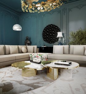 Living Room | blue paint reading corner in rococo style with Ophelia gold marble center table, Lapiaz cosy folk floral modular sofa, Newton exquisite dark wall mirror, Pantheon neutral rug, white table lamp, and curvy floor lamp