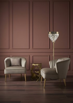 Living Room | terracotta paint reading corner with Nuka curvy grey armchair, Naicca crystal floor lamp, Cay gold side table, cushion, and wood flooring