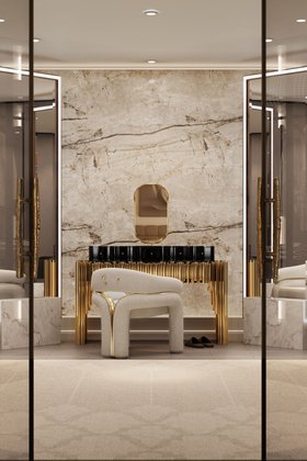 Bathroom | marble bathroom with Symphony gold and dark vanity table for storage, Dara rug, Elana curvy armchair, and small mirror