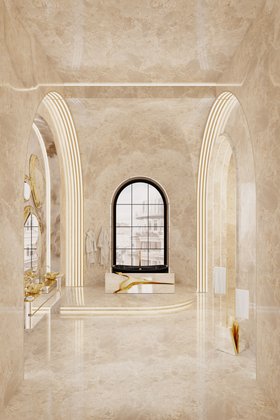 Bathroom | sculptural marble bathroom in neutral style with Lapiaz gold and dark bathtub
