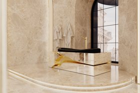 Bathroom | sculptural marble bathroom in neutral style with Lapiaz gold and dark bathtub, and tap