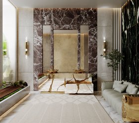 Bathroom | marble and stone bathroom in nature inspired style with Lapiaz gold vessel sink and cabinet for storage, Draycott wall lamp, Dara neutral rug, Imperfectio cosy sofa, wall mirror, cushion, and vase