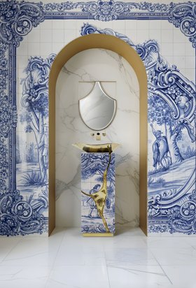 Bathroom | marble bathroom in portuguese tile with Heritage pedestal sink, Lapiaz gold vessel sink, and Koi small wall mirror