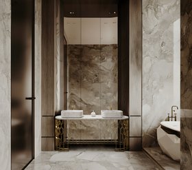 Bathroom | neutral bathroom in wood, marble, and stone finishes with Mecca gold vanity cabinet, Koi marble vessel sink, and wall mirror