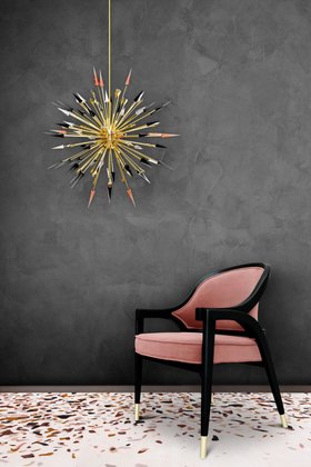 Living Room | dark paint reading corner with Arendal curvy blush pink and dark chair, Outburst gold chandelier, and Terrazzo rug