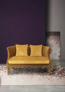 Living Room | purple paint reading corner with Athina curvy yellow sofa, Terrazzo rug, and cushion