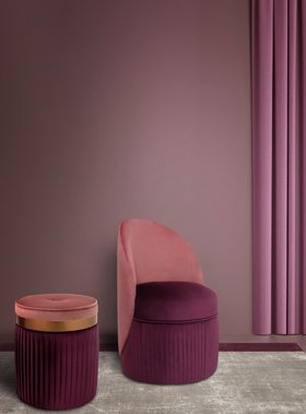 Living Room | blush pink and purple paint reading corner with Venice curvy chair and Barcelona velvet pouf