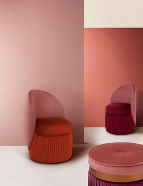 Living Room | lilac and peach paint reading corner with Venice curvy orange and burgundy chairs