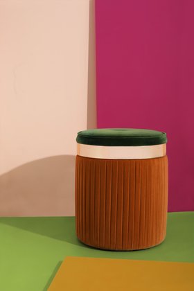 Living Room | colourful reading corner in orange, green, pink, and yellow tones with Barcelona velvet pouf