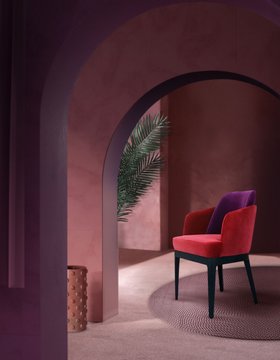Hallway | blush pink and purple paint reading corner with London curvy red dining chair