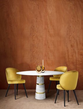 Dining Room | brown paint dining area in walnut wood finishes with Avalanche white marble dining table and Manila yellow dining chair