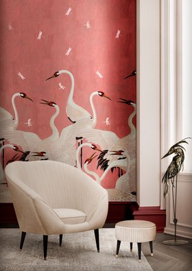 Living Room | pink paint reading corner in cosy style with Audrey curvy white armchair, foot rest, and animal print wallpaper