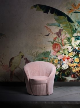 Living Room | cosy reading corner with Bloom curvy blush pink armchair and nature-inspired wallpaper