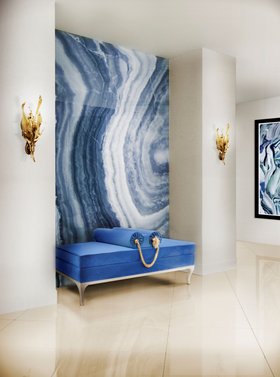 Hallway | white and blue marble corridor with Lé-Lé bench and Botanica gold sconce