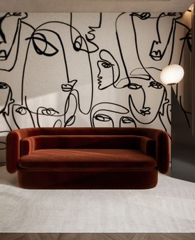 Living Room | cosy reading corner with Deb curvy terracotta sofa, black and white artful wallpaper, floor lamp, and rug