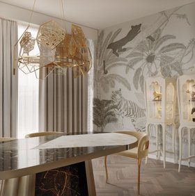 Dining Room | spring/summer decor in elegant style with Hypnotic gold chandelier, Decodiva marble dining table, Palatino display case for storage, nature inspired wallpaper, curtain, and wood flooring