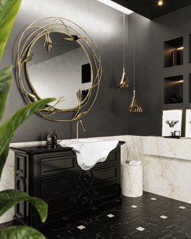 Bathroom | dark paint bathroom with Stella gold wall mirror, Gia pendant lamp, Petra vanity cabinet for storage, and marble flooring
