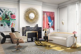 Living Room | spring/summer decor in quiet luxury style with Sultana curvy white sofa, Tabu glass center table, Valencia yellow striped rug, Goddess gold wall mirror, Virginia retro armchair, table lamp, stove, and wall art