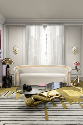 Living Room | spring/summer decor in quiet luxury style with Sultana curvy white sofa, Tabu glass center table, Valencia yellow striped rug, Muse sconce, gold table lamp, and curtain