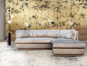 Living Room | spring/summer reading corner in cosy elegant style with Lisbon white sofa, dark floor lamp, and nature inspired wallpaper