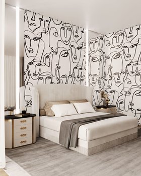 Bedroom | bedding area in luxury modern style with Sevilliana cosy white bed, Orchidea dark and gold bedside table for storage, artful wallpaper, pillow, blanket, and wood flooring