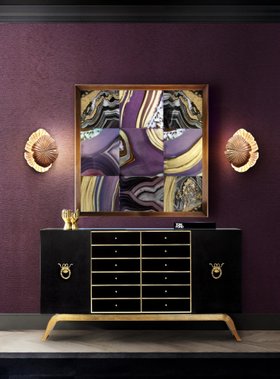 Hallway | purple paint entryway in extravagant modern style with Sinful dark and gold cabinet for storage, Passion sconce, and wall art
