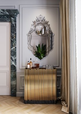 Hallway | modern classic entryway with Symphony gold sideboard for storage, Veneto rococo wall mirror, bar area, curtain, and wood flooring