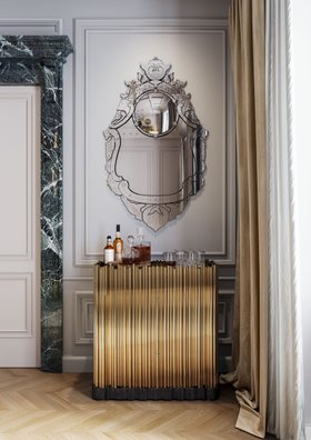 Hallway | modern classic entryway with Symphony gold sideboard for storage, Veneto rococo wall mirror, bar area, curtain, and wood flooring