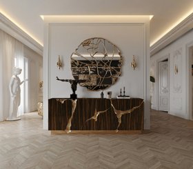 Entryway | white paint hallway in luxury modern style with Lapiaz ebony wood sideboard for storage, Glance exquisite gold wall mirror, Soleil sconce, and wood flooring
