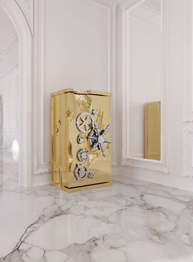 Luxury Safe | all white paint hallway with Millionaire gold luxury safe for storage, wall mirror, and marble flooring
