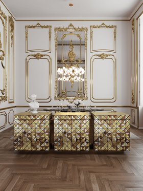 Dining Room Storage | modern baroque dining corner with Pixel anodized sideboard for storage, Hera suspension lamp, rococo gold wall decor, wall mirror, and wood flooring