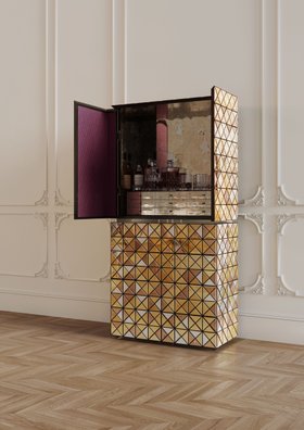 Bar Storage | luxury bar area with Pixel anodized sideboard for storage and wood flooring