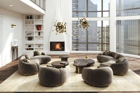 Living Room | autumn/winter reading corner in quiet luxury style with Soleil curvy grey sofa, Soleil cosy armchair, Empire brown wood center table, Supernova gold chandelier, White Garden neutral rug, shelves for storage, retro gold wall lamp, fireplace,